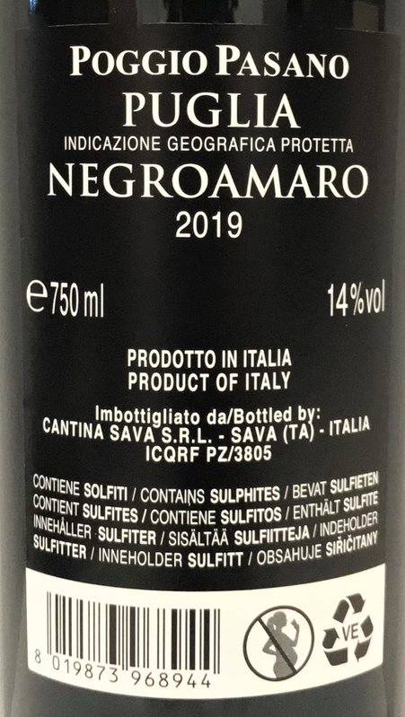 Etiketa Negroamaro Poggio Pasano, Cantine Sava 