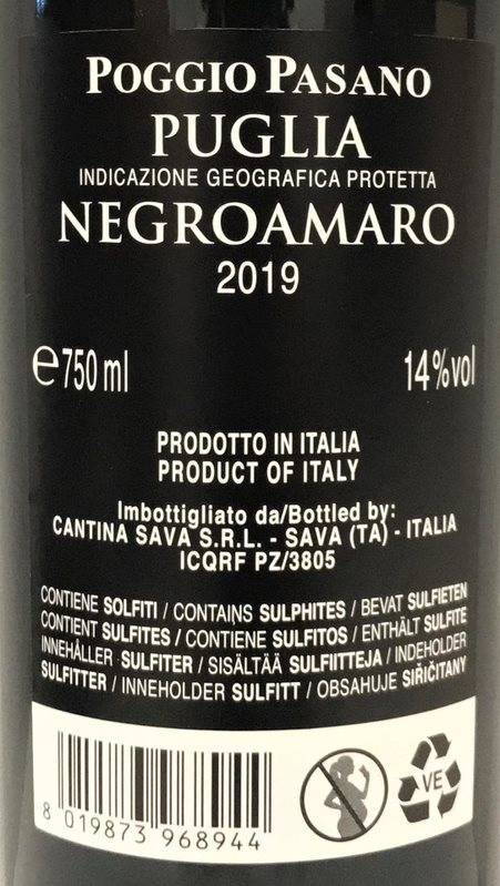 Etiketa Negroamaro Poggio Pasano, Cantine Sava 
