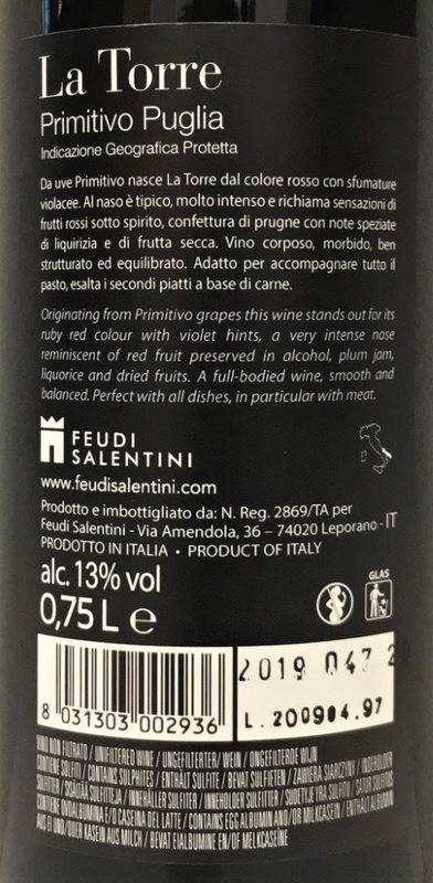 Etiketa Primitivo La Torre 