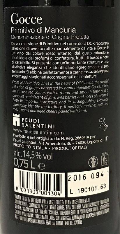 Etiketa Gocce Primitivo di Manduria  