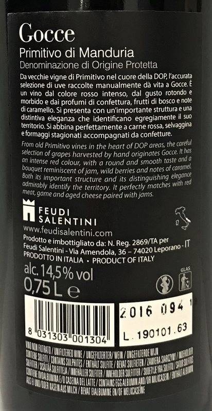 Etiketa Gocce Primitivo di Manduria  