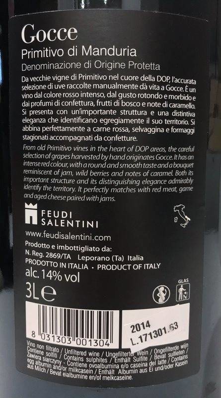 Etiketa Gocce Primitivo di Manduria 3L