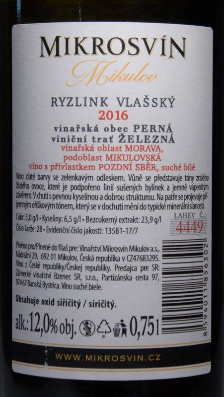 Etiketa Ryzlink vlašský Železná