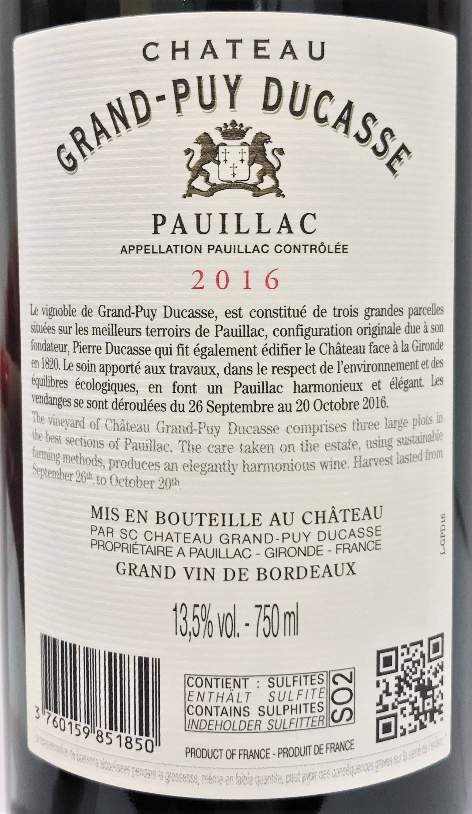 Etiketa Château Grand Puy Ducasse 