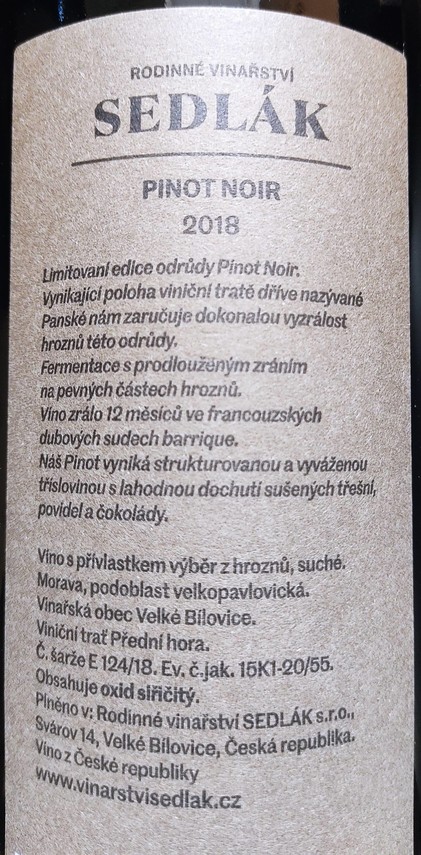 Etiketa Pinot noir barrique