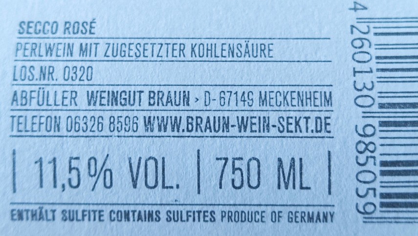 Etiketa Secco rosé frizzante Braun 