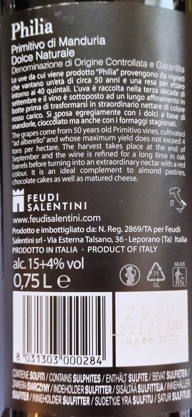 Etiketa Philia-Primitivo di Manduria Dolce naturale