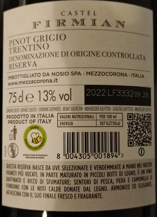 Etiketa Pinot Grigio Riserva-Castel Firmian