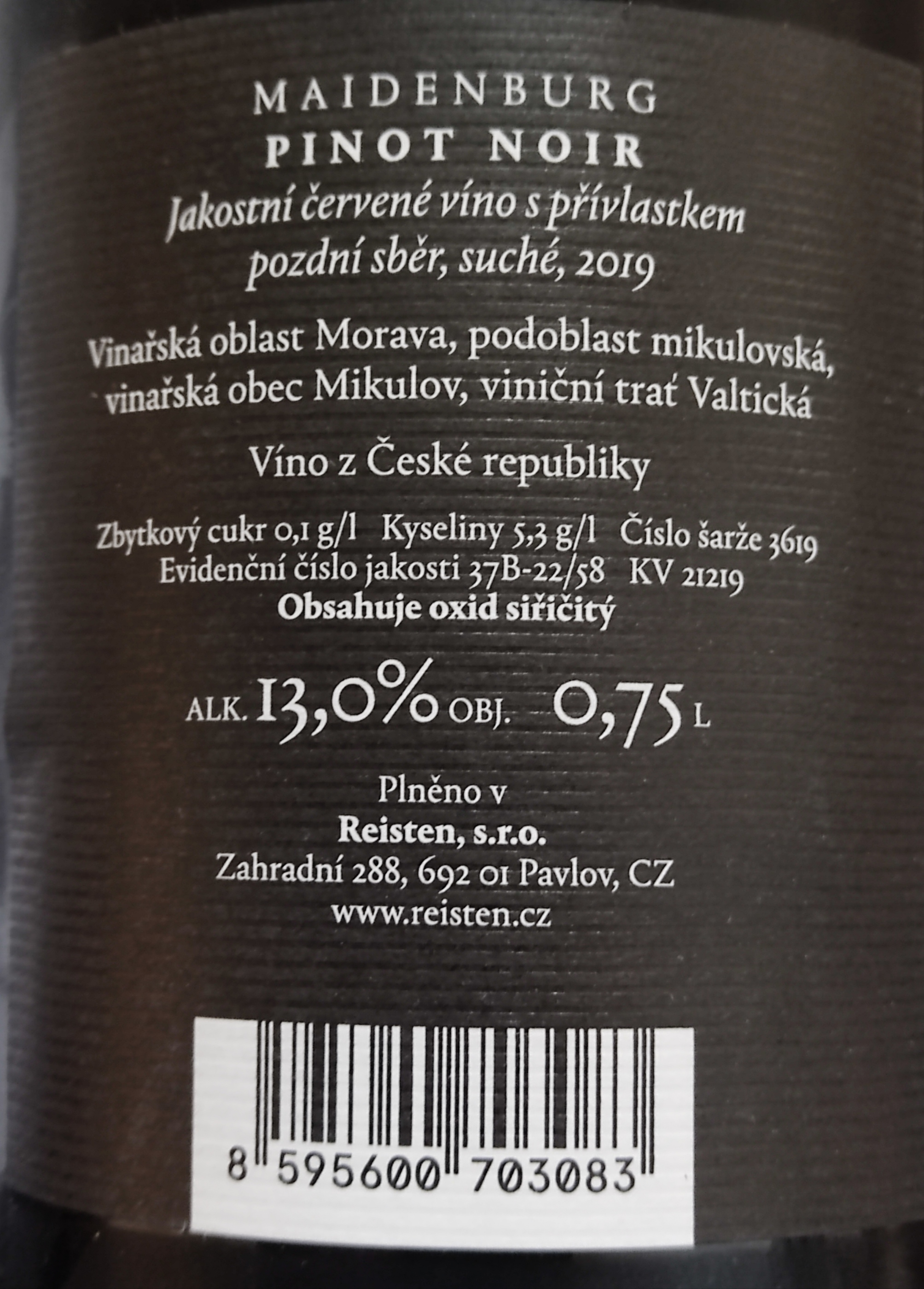 Etiketa Pinot noir Maidenburg