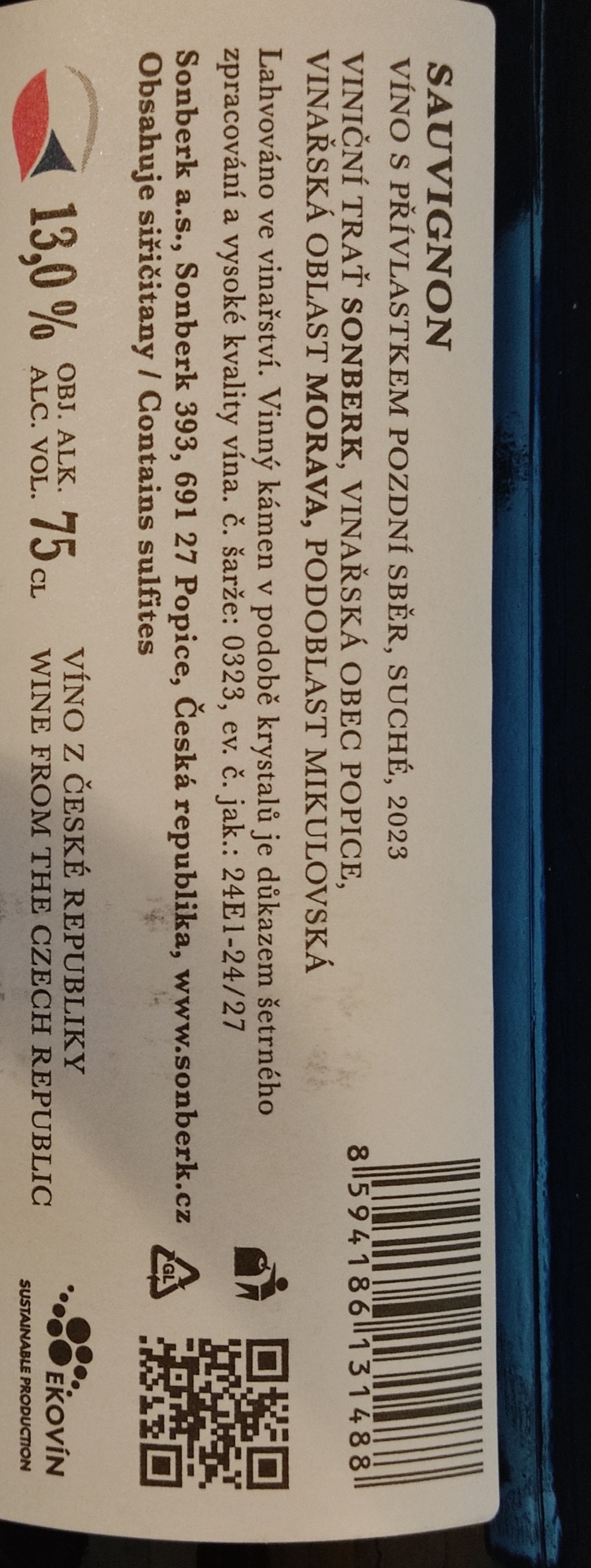 Etiketa Sauvignon Stříbrný Sonberk