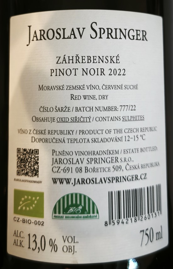 Etiketa Pinot noir Záhřebenské
