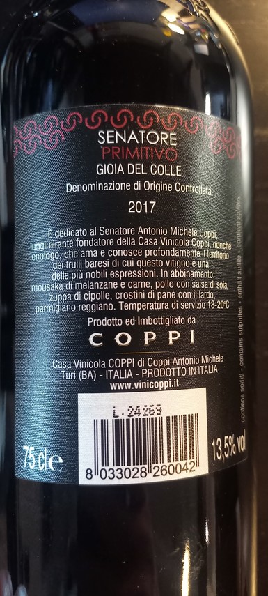 Etiketa Primitivo Gioia del Colle Senatore