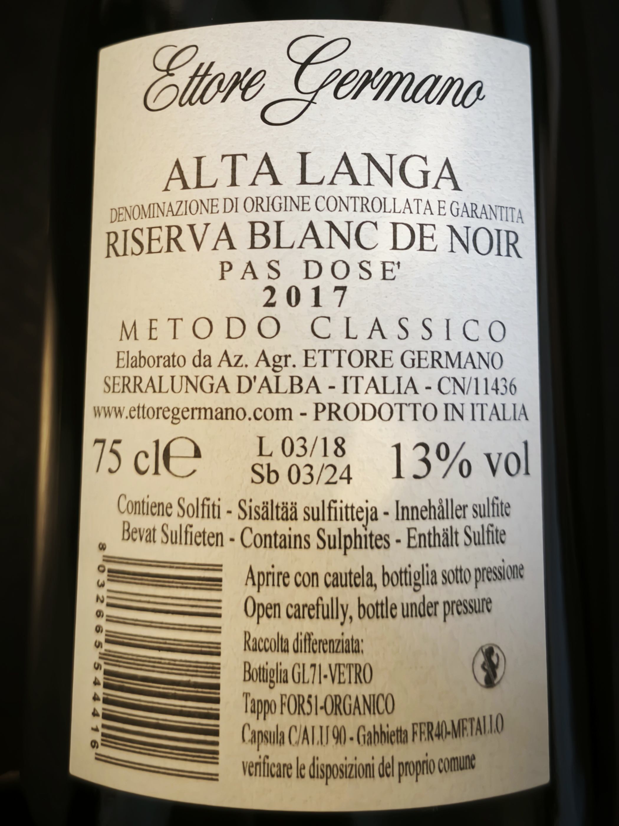 Etiketa Alta Langa Riserva Blanc de Noir as Dosé